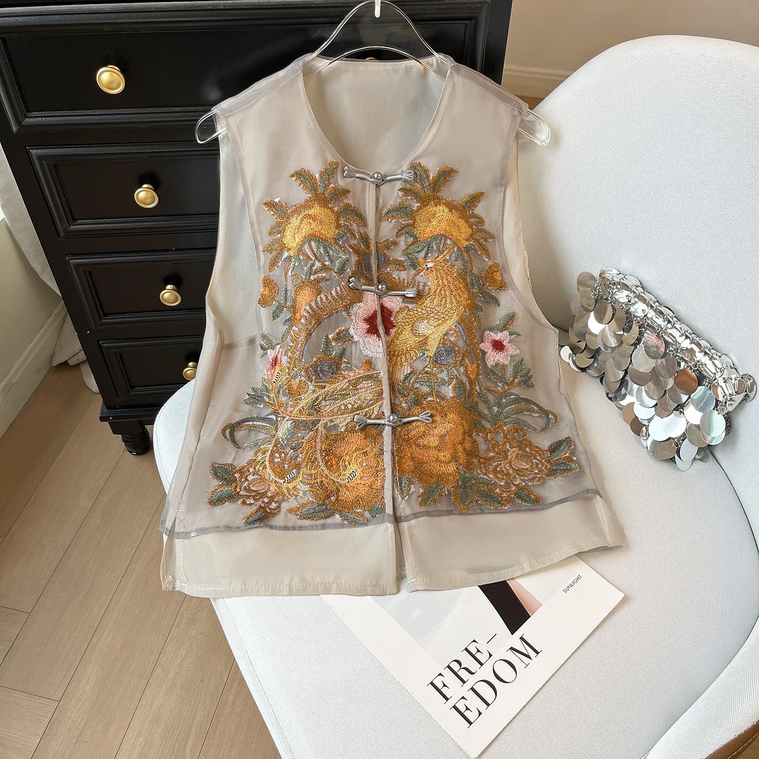 

6594 Вышитый жилет женский роскошный пряжный топ летний новый ретро жилет с дисковой застежкой без рукавов 3XL ([Recommended 138-75kg])