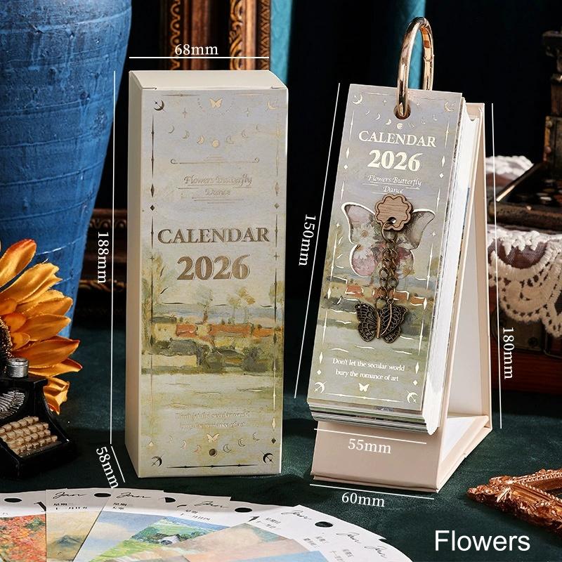 Small Desk Calendar 2026, Standing Flip Calendar, Vintage Desk Calendar with Golden Ring Binding - 365-Day Planner with Monthly