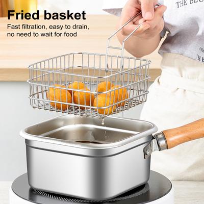 Small Deep Fryer Pot Steamer Cookware Cooking Tool Wooden Handle Stainless Steel Portable Pan for Vegetables Camping Picnics