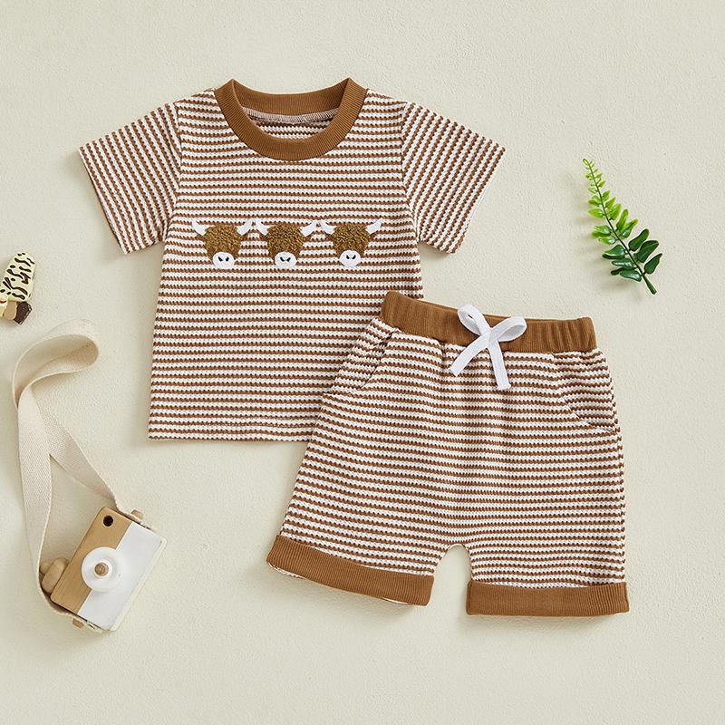 

Baby Bull Head Embroidery Stripe Short Sleeve T-Shirts with Shorts 2pcs Suit Summer Boys Outfits 0-6M