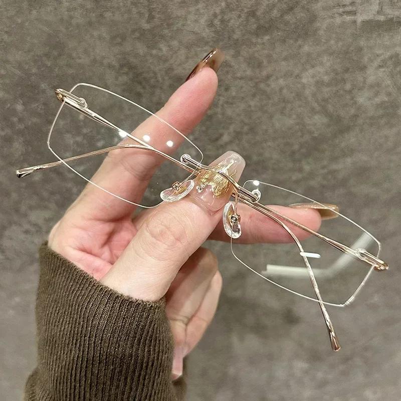 New UltraLight Rimless Myopia Glasses HD Anti Blue Light Gold Wire Small Frame Square Versatile Myopia Glasses