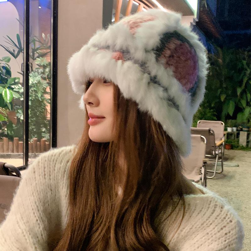 

Цветная кроличья меховая шляпа-ведро женская осенне-зимняя шерстяная шапка ручной вязки теплая пушистая шляпа, показывающая шляпу-умывальник one size fits all белый
