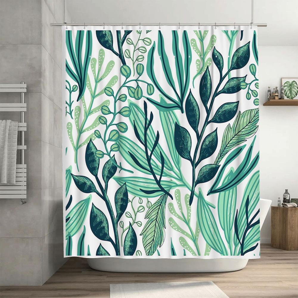 Green Leaves Shower Curtain Modern Floral Design for Bathroom Decor Waterproof Fabric with Hooks Included Set Length