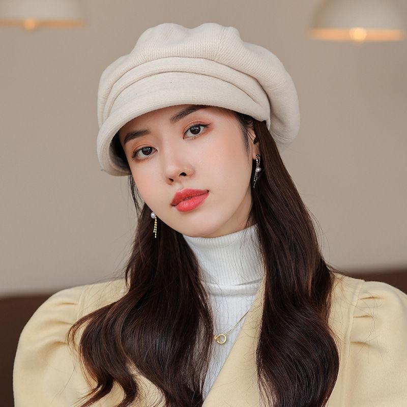 Chapéu octogonal de lã espessado primavera e outono cor sólida all-match retro boina chapéu