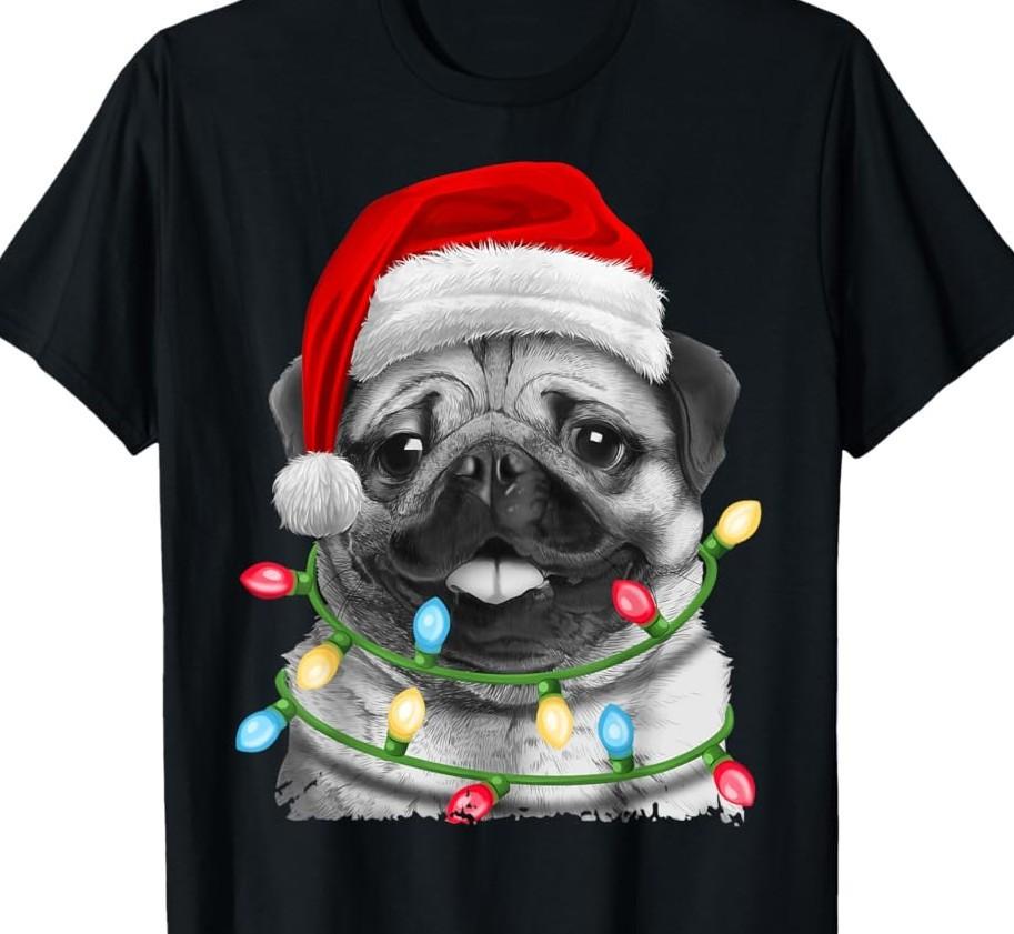 Pug Santa Christmas Tree Lights Xmas Boys black T-shirt Unisex All sizes S8210 XL