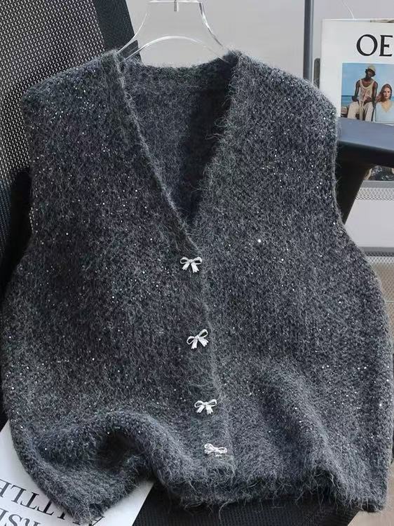 sequined cardigan knitted vest for women's early spring new lazy high-end sense stacked vest vest for women