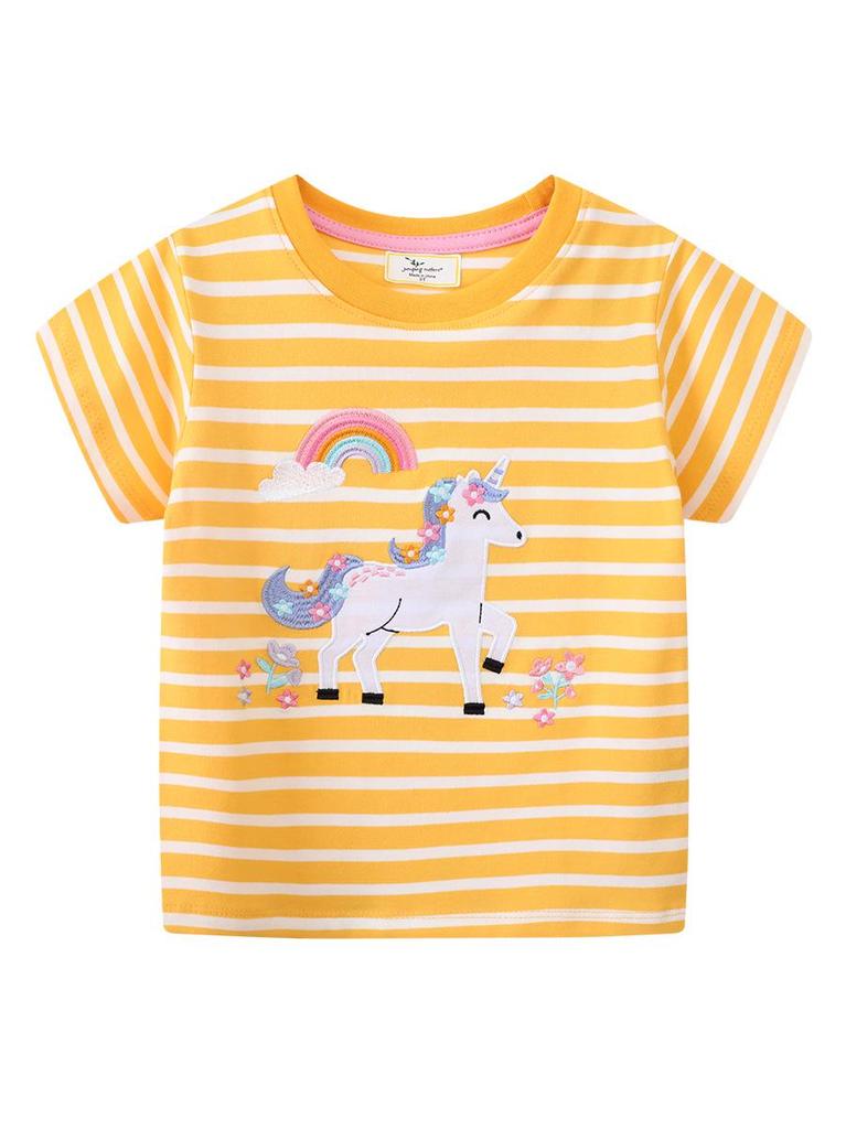 European Style Girls' Cartoon Embroidered T-shirt - Round Neck, Short Sleeve, Summer 2026