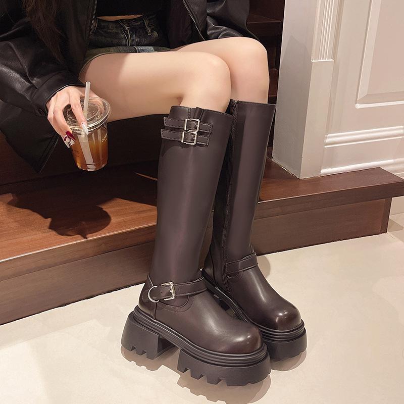 

Женские бархатные длинные сапоги-ботфорты на толстой подошве 7 см, новая зимняя коллекция 2025 года, ретро-сапоги до колена, увеличивающие рост для невысоких 40 коричневый