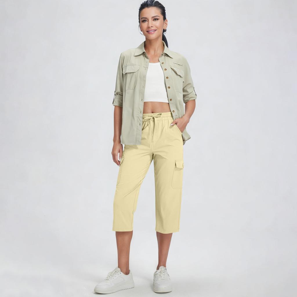 Damen locker sitzende High-Waist Wanderhose mit elastischem Bund, leicht, mit zwei Taschen, lässige Capri-Hose für Outdoor-Aktivitäten