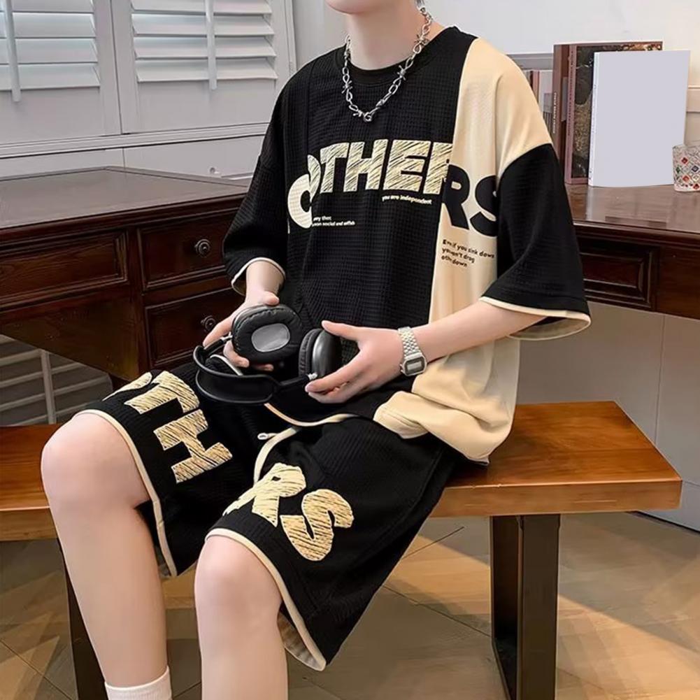 2Pcs/Set Men Summer Casual Outfit O-neck Short Sleeve T-shirt Elastic Drawstring Waist Wide Leg Shorts Set Patchwork Color Lette