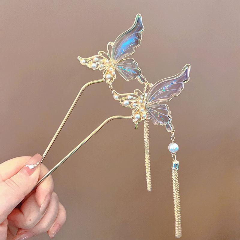 Glitter Pearl Tassel Hairpin Vintage Chinese Style Butterfly Hair Stick Women Girls Jewelry Hair Accessories Hanfu Hairpins