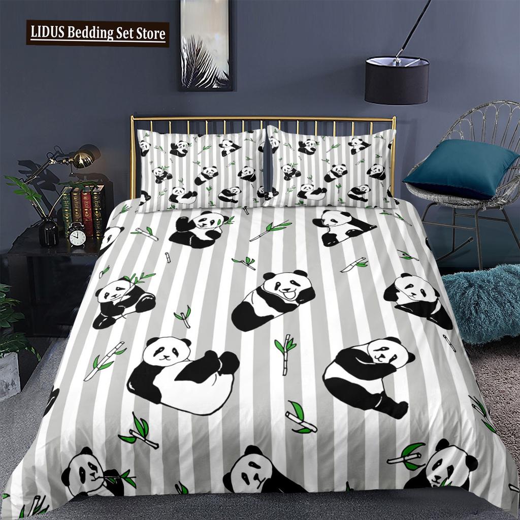 Panda Duvet Cover Set Cartoon Style Cute Kawaii Bear Drawing Comforter Cover For Kids Polyester Bedding Set King Queen Full Size