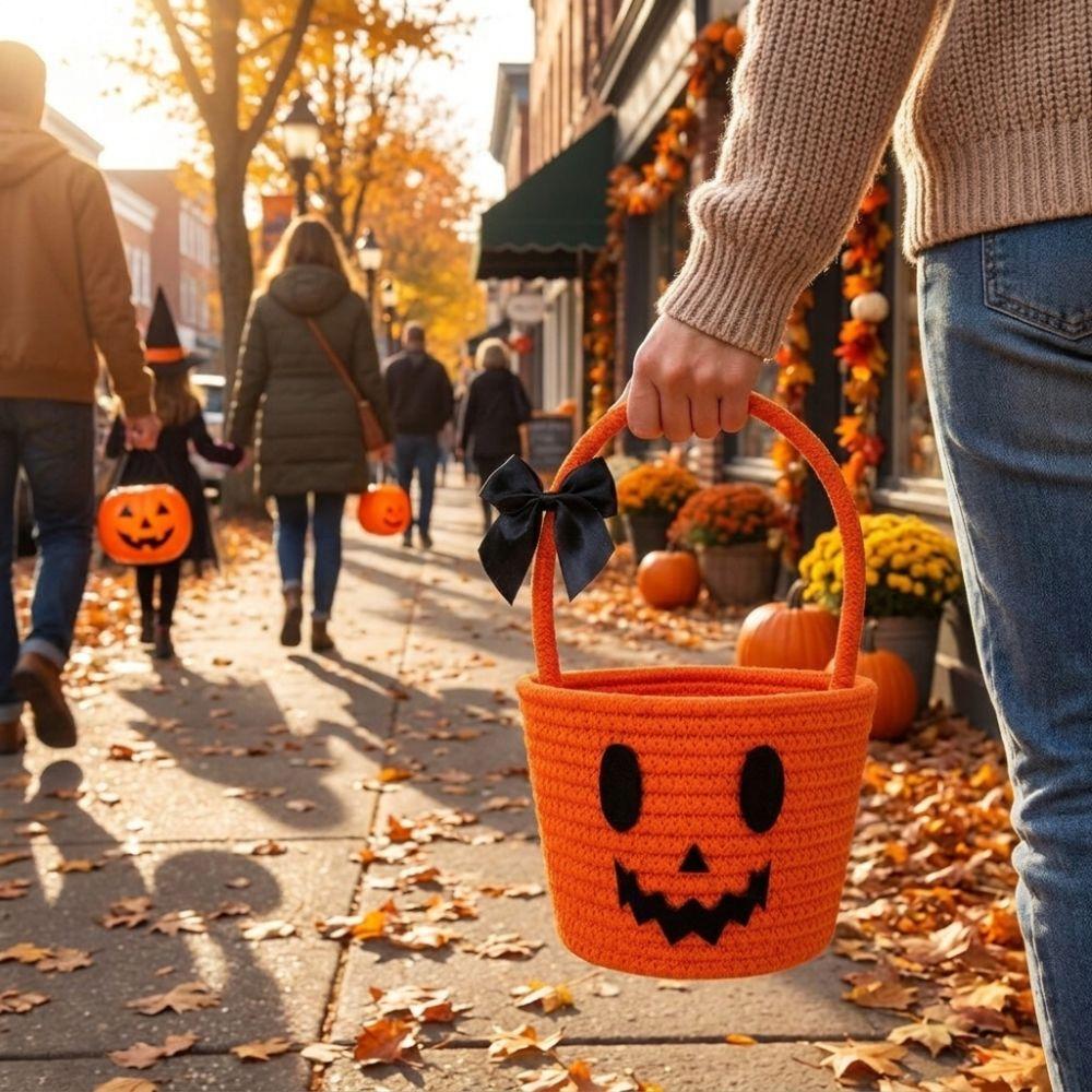 Baumwollseil Handgehaltene Leckerli-Körbchen Geflochtenes Kürbis-Geschenkkörbchen Kürbis-Süßigkeiten-Eimer Halloween