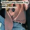 Damska koszulka z długim rękawem w paski Luźna Oversize z okrągłym dekoltem Casual Kontrastowy kolor Vintage Podstawowy Top Tee