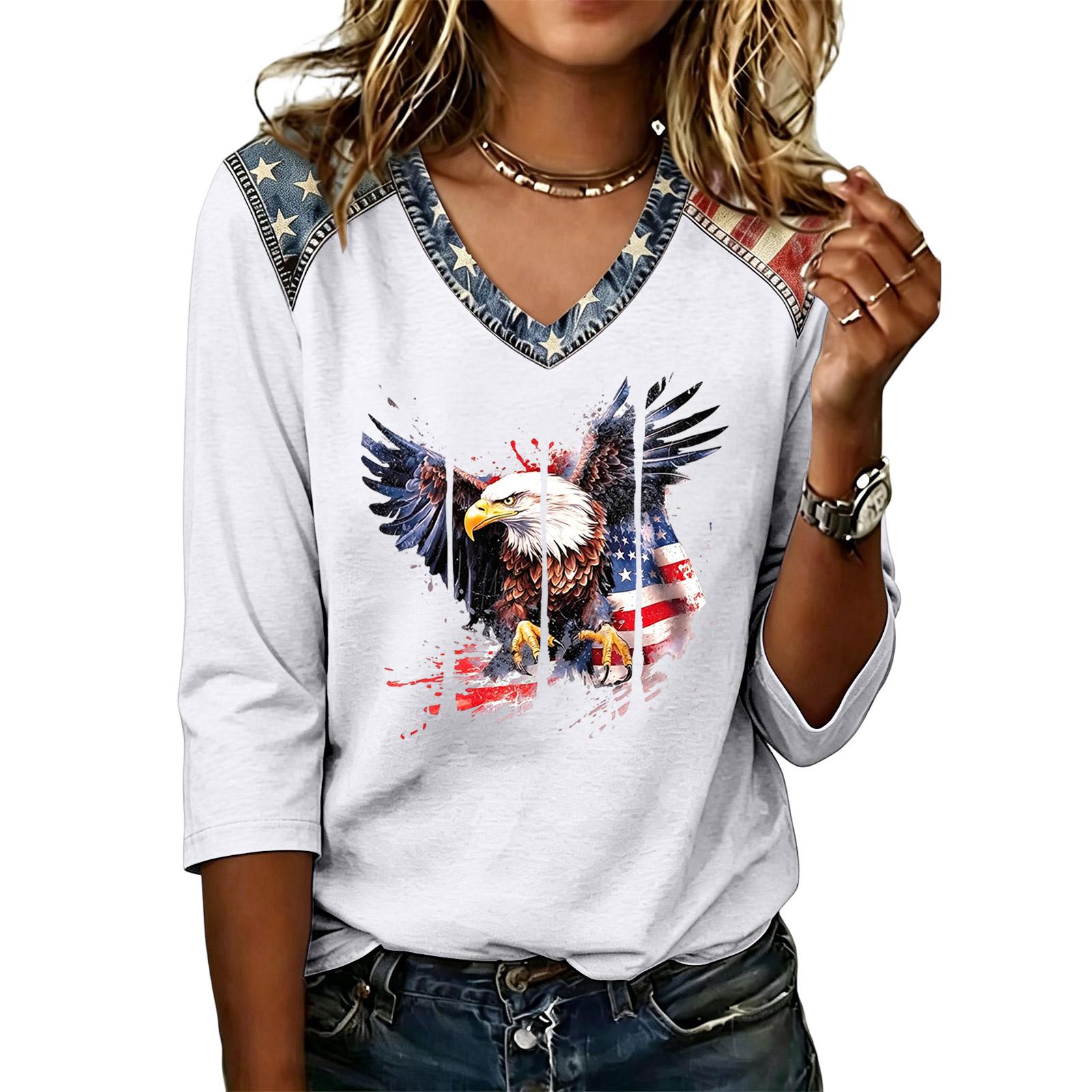 

Women Casual Independence Day Graphic Top V Neck Three Quarter Sleeve Lightweight Pullover Patriotic Print Shirt XL білий