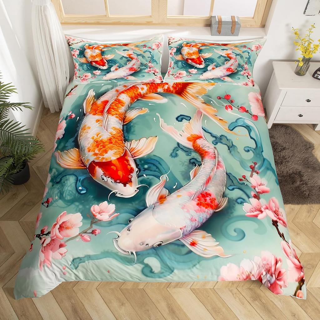 Koi Duvet Cover King Cherry Blossom Japanese Ukiyo-e Bedding Set Sakura Marine Animals Comforter Cover,Pink Romantic Quilt Cover