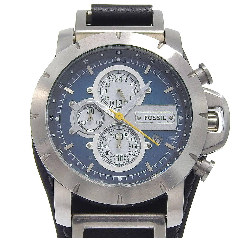 Used [FOSSIL] Fossil JR1156 Stainless Steel x Leather Silver Quartz Chronograph Men s Navy x Silver Dial Watch