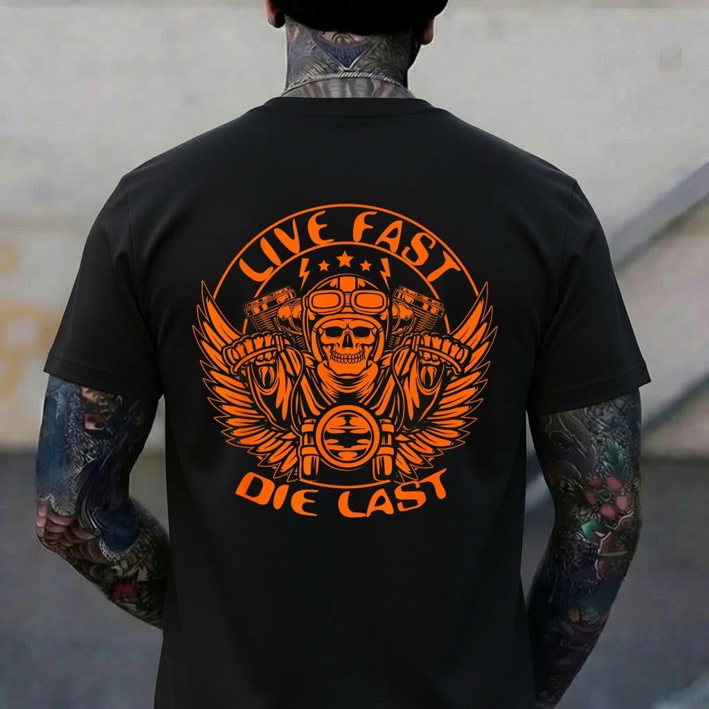 Live Fast Die Last Skull Motorcycle Biker T-Shirt L
