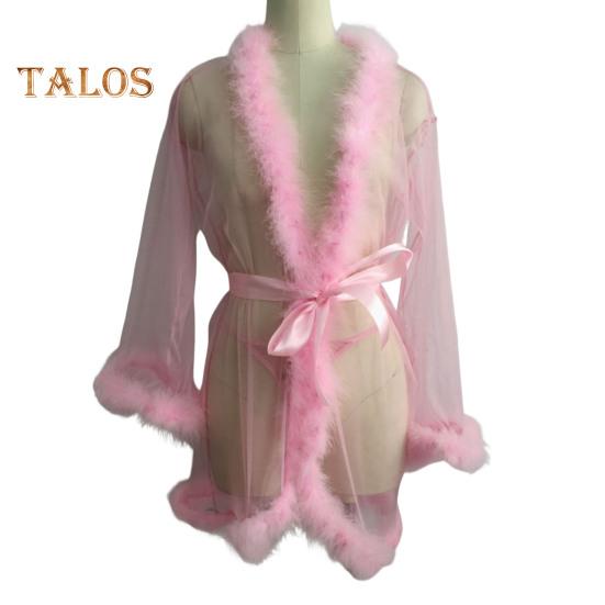 Lady Nightgown Plush Trim Ultra Thin See-through Mesh Ruffle with Adjustable Waist Tie Solid Color Pleated Slutty Pajama Party Wear Sleepwear