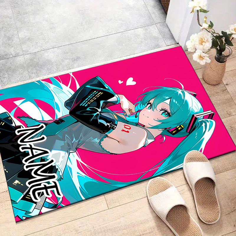 Custom Hatsune Miku Mat Personalized Name, Polyester Washable Indoor Entryway Rug, Gift for Christmas, Easter, Thanksgiving Day