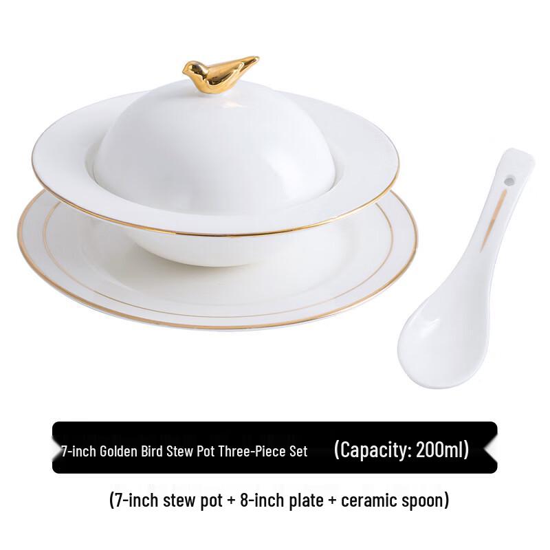 Ceramic Gold-Rimmed Stew Pot Set Stew Pot Set with Saucer & Spoon