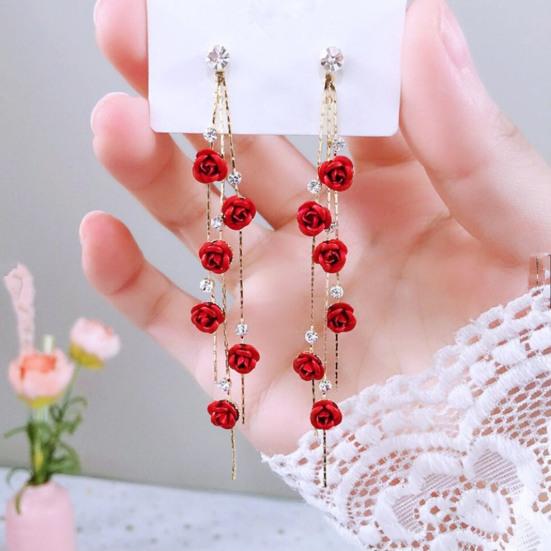 1 Paar Glänzende Strass Elegante Damen Ohrringe Rosenblume Lange Quaste Hängeohrringe Party Schmuck