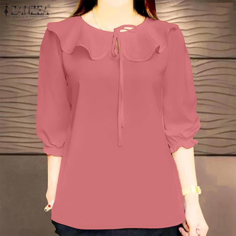 ZANZEA Women Ruffles Round Neck Casual 3/4 Sleeve Loose Blouse