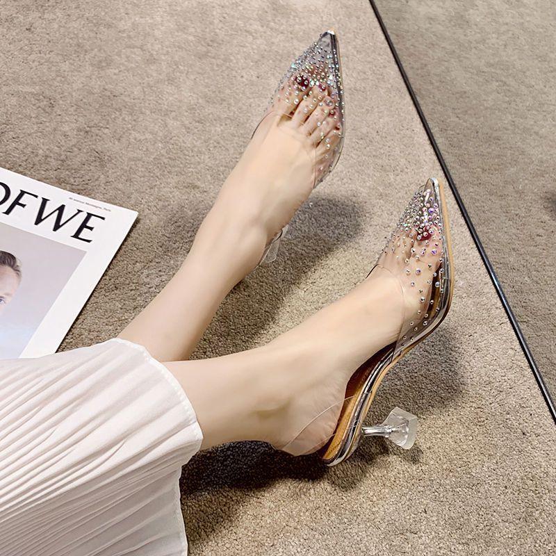 Celebrity banquet high heels pointed transparent sandals women's 2025 summer new fairy wind crystal and rhinestone bag head shoes