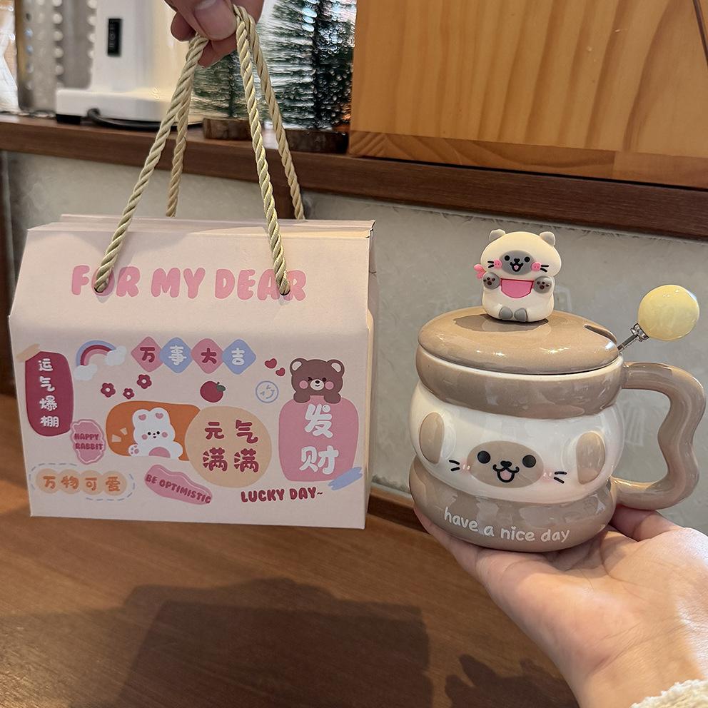 Cute Puppy Mug With Lid Spoon Wind Ceramic Cup Couple Water Cup Girls Household Breakfast Cup Children