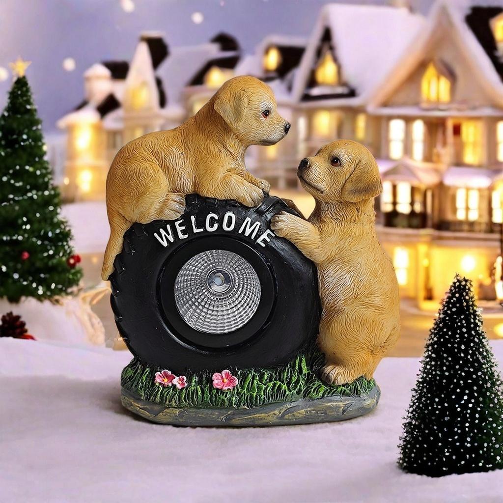 Solarna figurka psa Witamy z diodami LED, słodka figurka szczeniaka do zabawy, ogrodowa żywiczna figurka psa, patio i trawnik, wyjątkowe prezenty