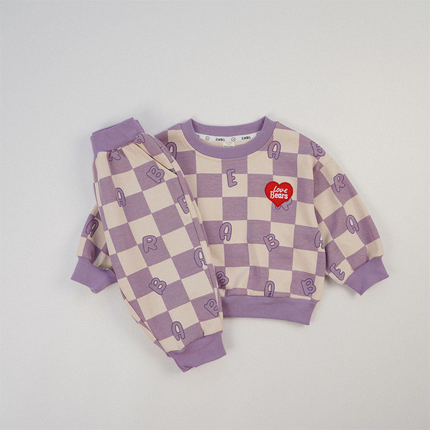 

2024 Autumn Children s Plaid Set: Pure Cotton Letter Print Sweatshirt and Joggers 120cm