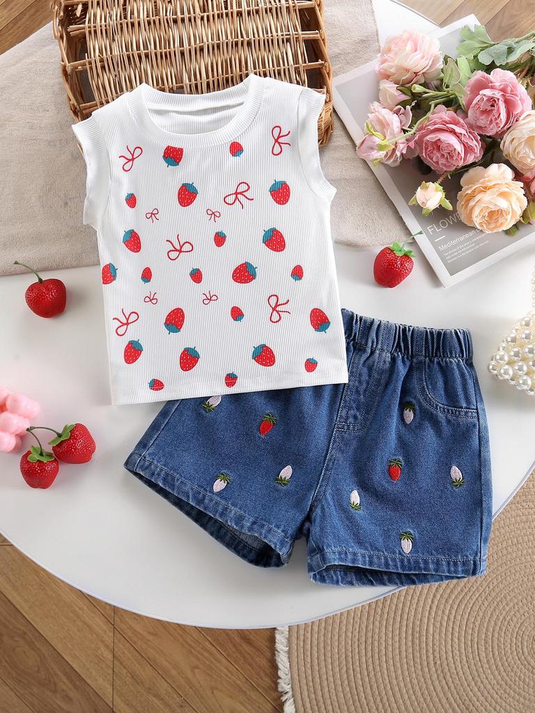 Two piece girls' casual cute and sweet strawberry bow printed vest paired with playful strawberry embroidery retro blue denim shorts set