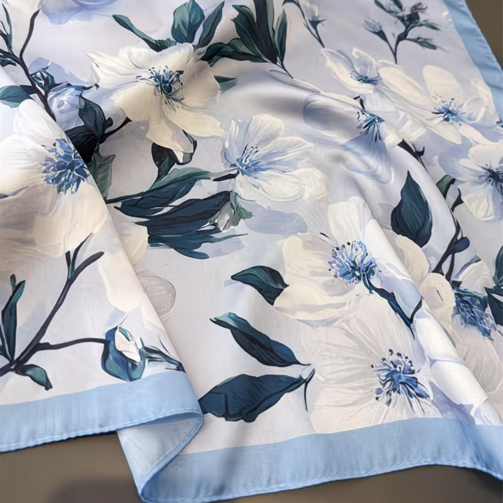 Summer Satin Magnolia Silk Scarf Printed Large Square Scarf Women's Fashion Versatile Decorative Neck Protection Scarf Shawl