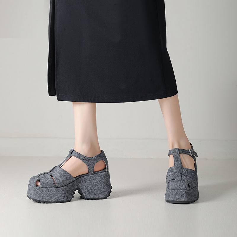 Krazing Pot Polyurethane Spring Summer Size 43 Size 42 Women Platform Women Square Toe Buckle Thick Bottom Pumps