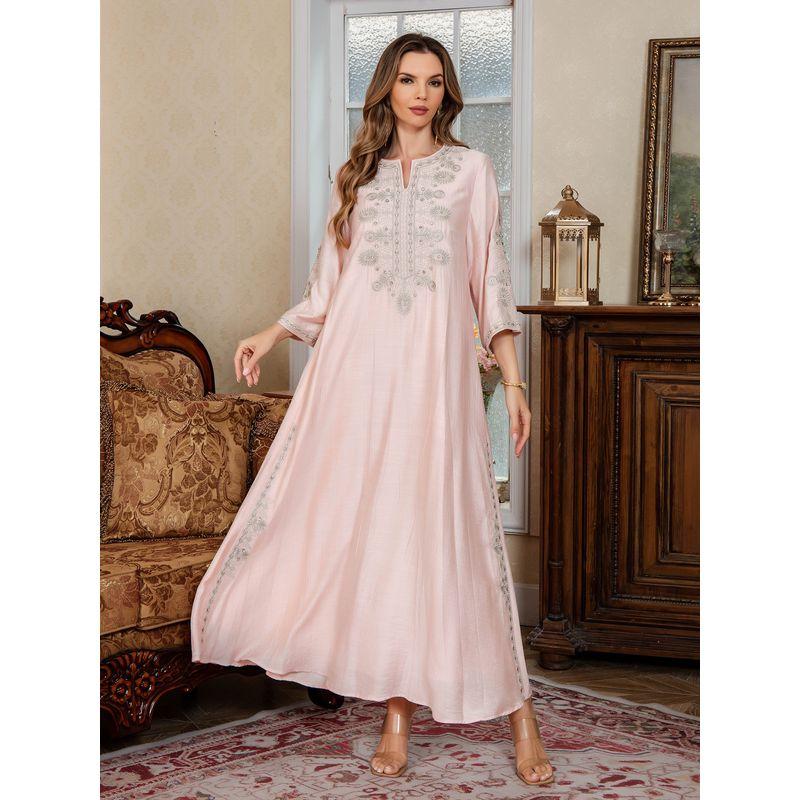 

Cross-Border Middle East Women s Rope Embroidery Dubai Dress Evening Dress Saudi Arabia Embroidered Sequins Robe Dress Pink 2XL