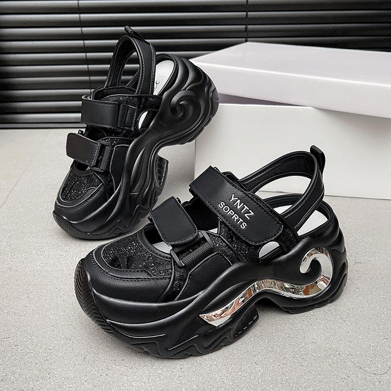 Fashion 8CM Breathable Hollow Leather Women Sandals Vulcanized Mesh Chunky Platform Gladiator Shoes High Heels Casual Summer Sneakers