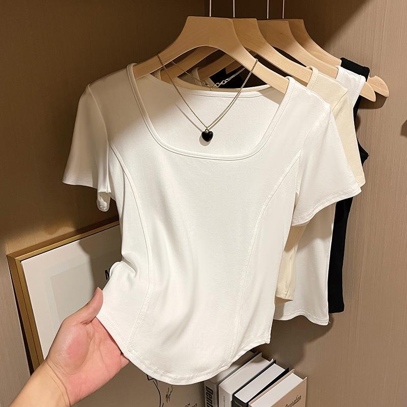 Fishbone Design Front Shoulder Short Sleeve T-Shirt Women s Summer New Slim Skinny Spice Girl Short Square Neck Top M