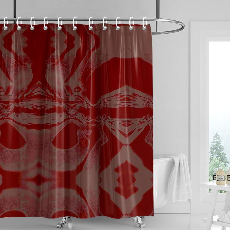 Abstract Symmetrical Shower Curtain-bright Red with Multi-color Geometric Pattern, Modern Bathroom Decoration
