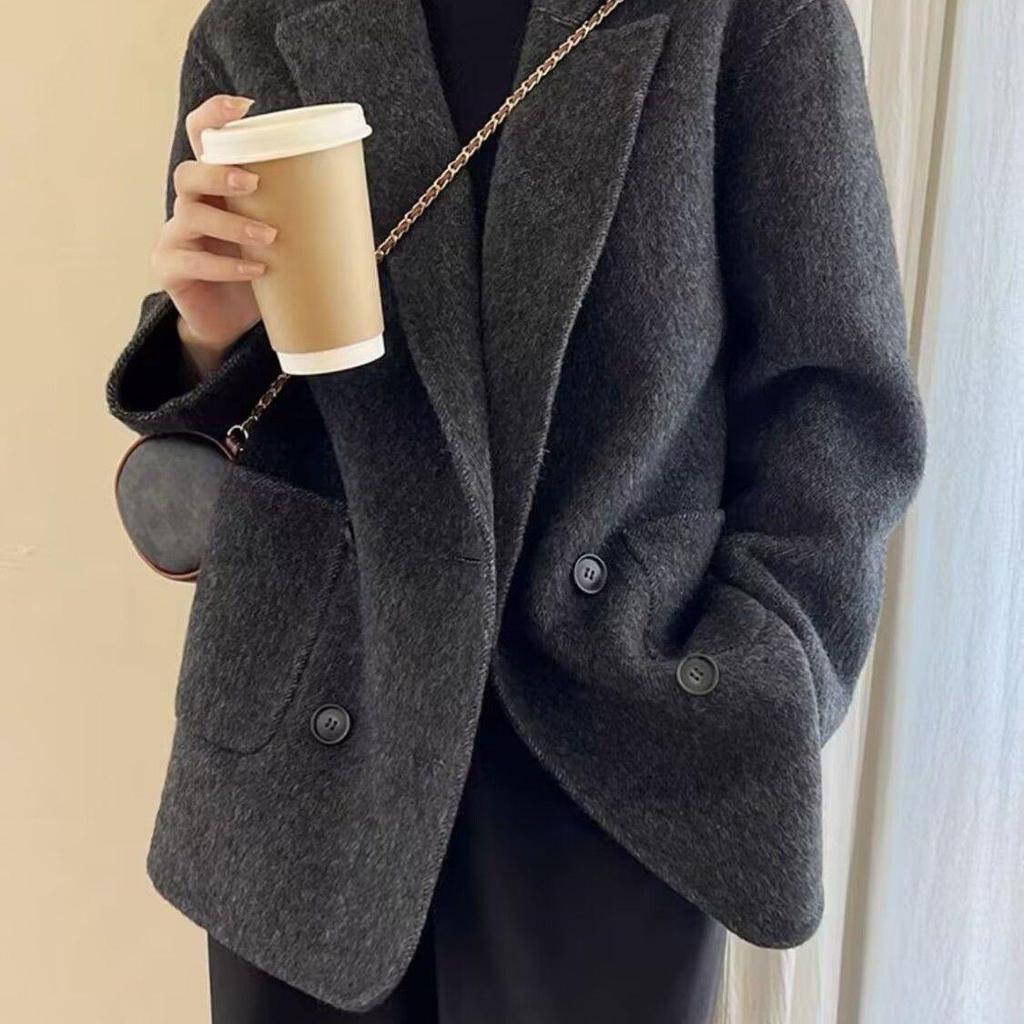 Kurzer Damen-Doppelseitiger Wollmantel mit Anzugkragen und Elasthan, Winter-Übermantel