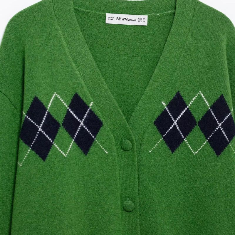 Kaslead New Arrival Women's Clothing Fashion Style Diamond Pattern Minimalist Long Sleeve V-neck Knitting Short Coat 5755019