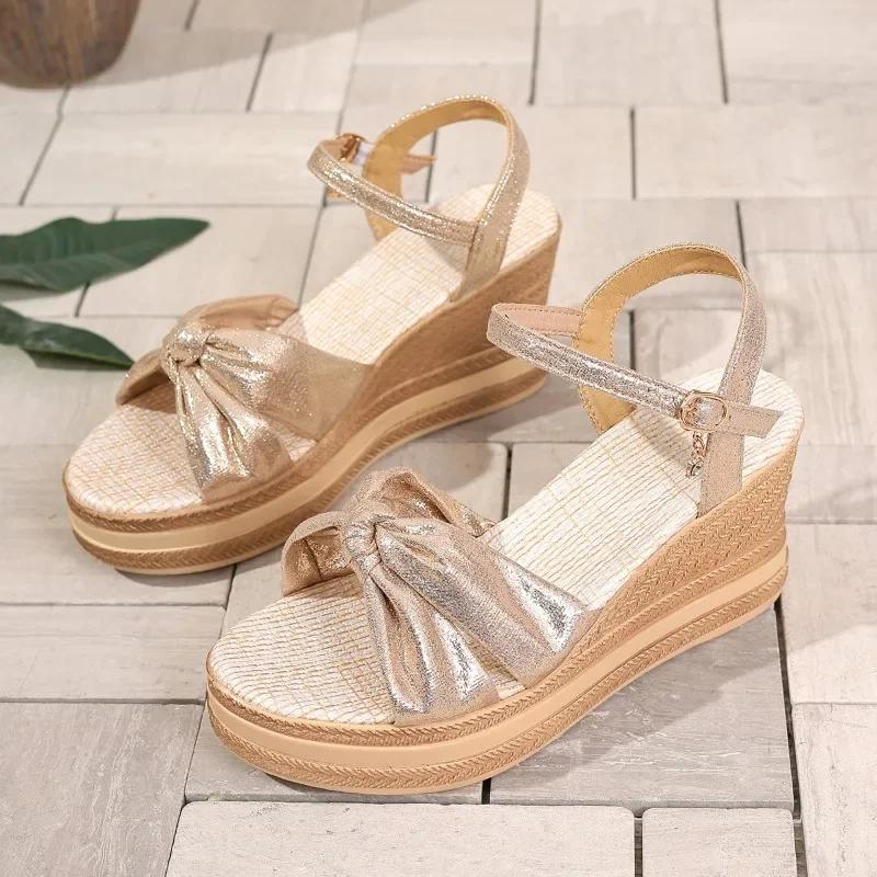 Bowtie Decor Gold Chunky Platform Sandals Women 2025 Summer Ankle Straps Wedge Sandals Woman Lightweight Thick Bottom Sandals