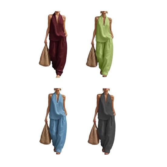 Completi due pezzi in cotone e lino da donna Top senza maniche con scollo a V e incrocio Pantaloni a gamba larga coordinati Outfit estivi per vacanze e relax