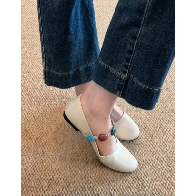 Sheepskin~ Genuine leather retro French shallow mouth one-word ballet single shoes women's flat commuting Mary Jane small leather shoes