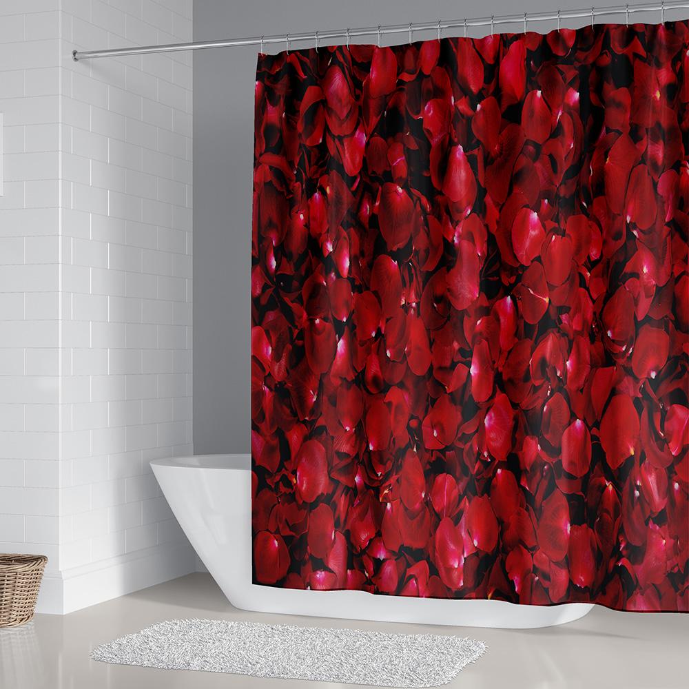 Rose Shower Curtain, Red Flower Fabric Bathroom Curtains Set with Hooks Floral Bathroom Decor Polyester Machine Washable