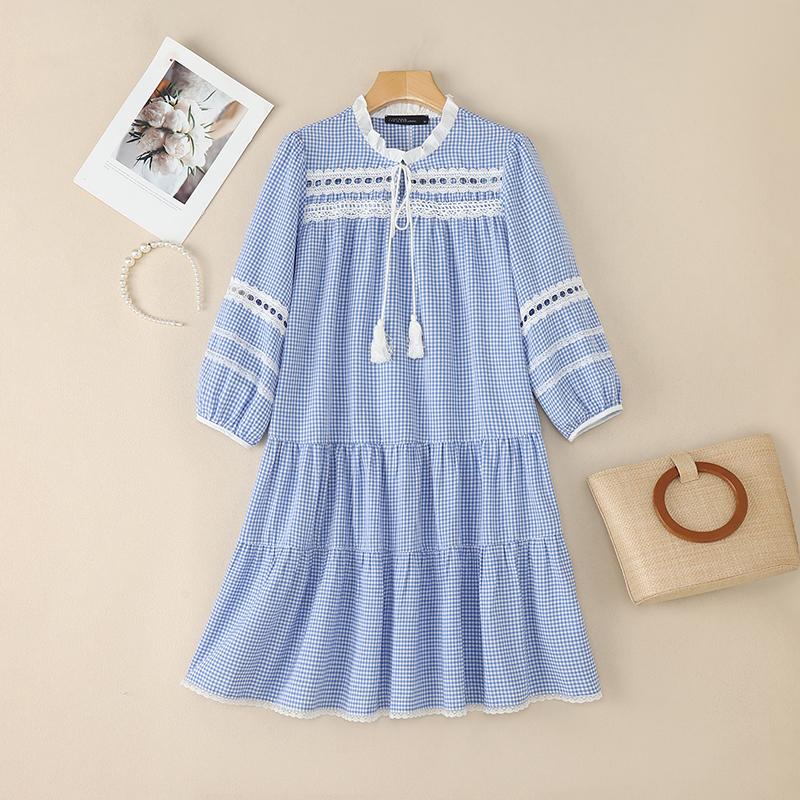 ZANZEA Women Casual Round Neck 3/4 Sleeve Loose Plaid Print Dress