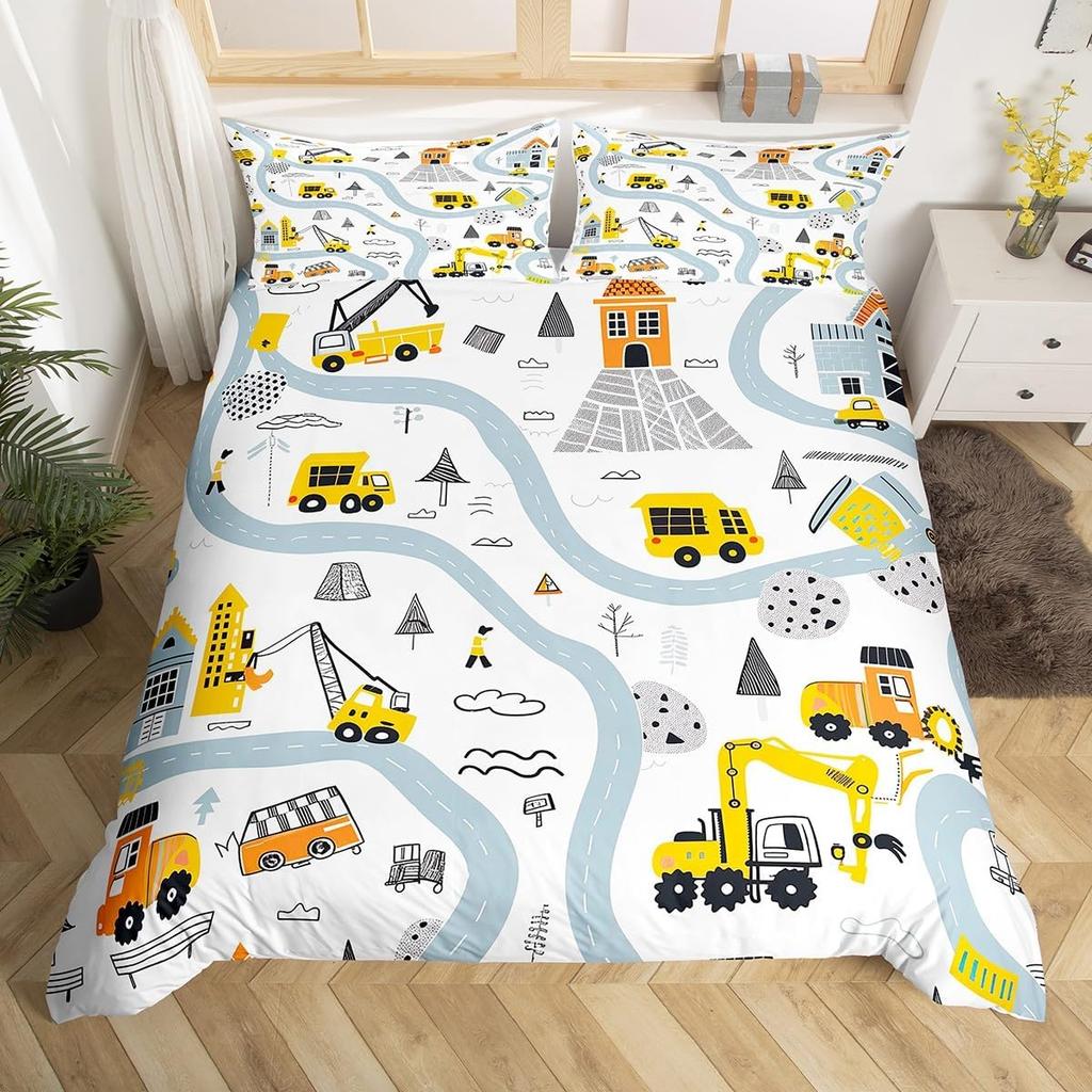 Colorful Cartoon Car Duvet Cover Set Twin King Train Truck Police Car Print Quilt Cover Cartoon Vehicle Bedding Set For Boy Teen
