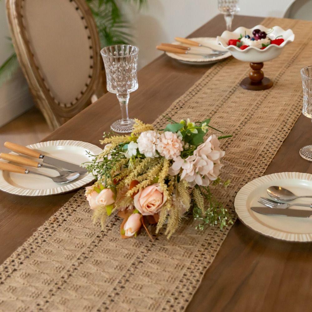 American Style Cotton and Linen Table Runner Solid Color Rectangular Boho Table Runner with Tassel Rustic