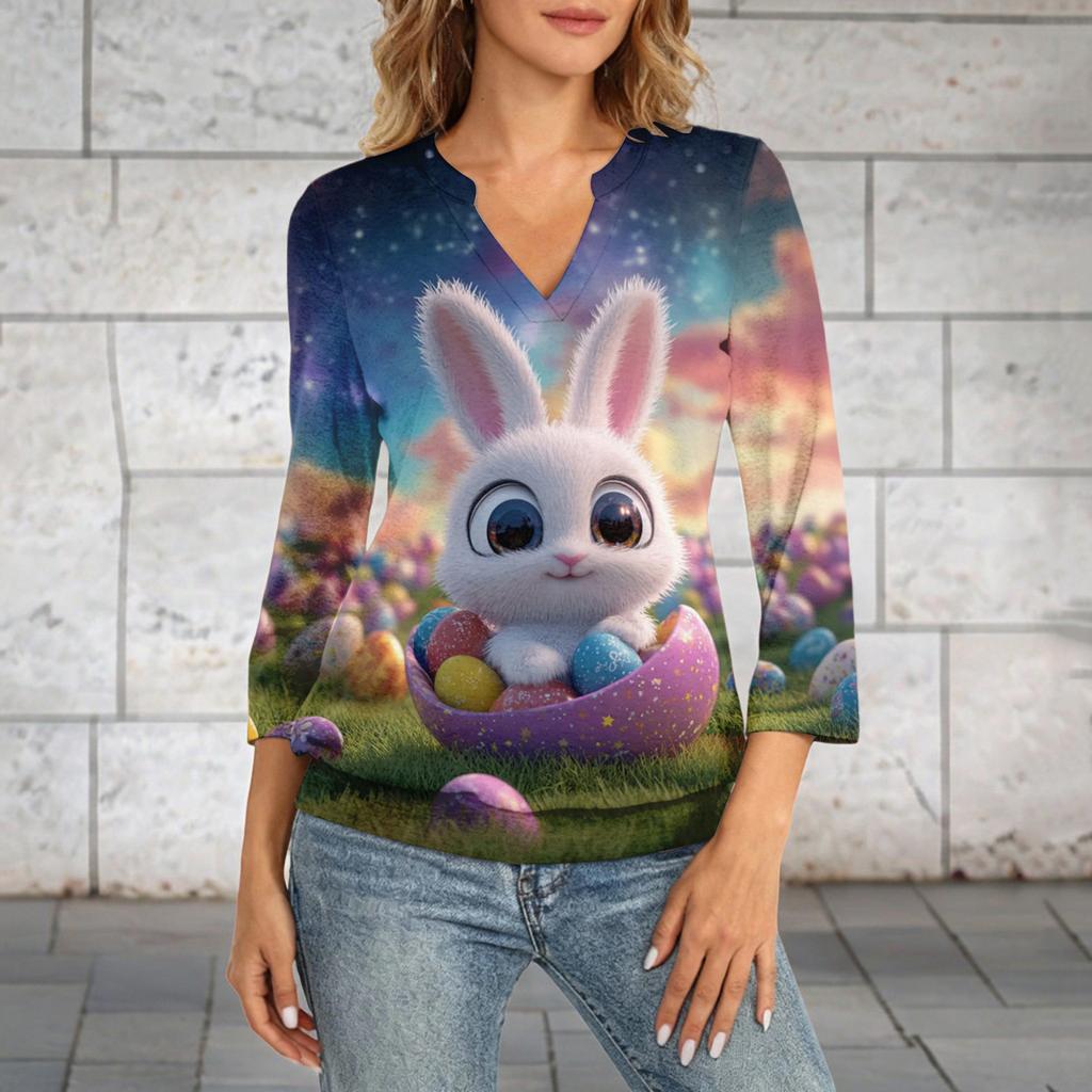 Damen 3/4 Ärmel Oberteil Saum V-Ausschnitt Sommer Freizeit T-Shirt Ostern Bedrucktes Oberteil