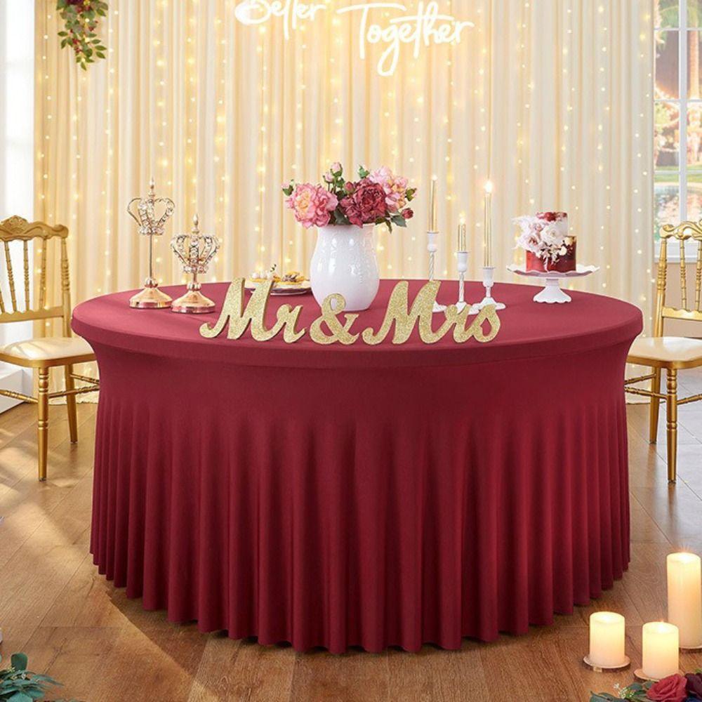 Washable Round Tablecloth Stretch Fitted Stain Resistant Stretch Tablecloth Elastic Ruffle Pleated Skirt Table Cover