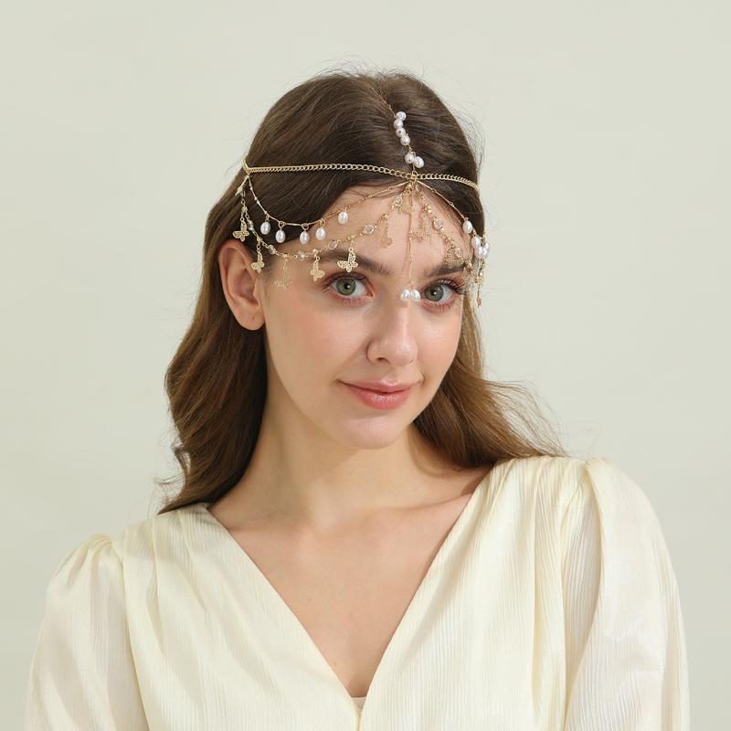 Fashion Bohemia Pearl Sequin Tassels Multi-Layer Hair Chain For Women Bride Rhinestone Forehead Chain Hair Jewelry